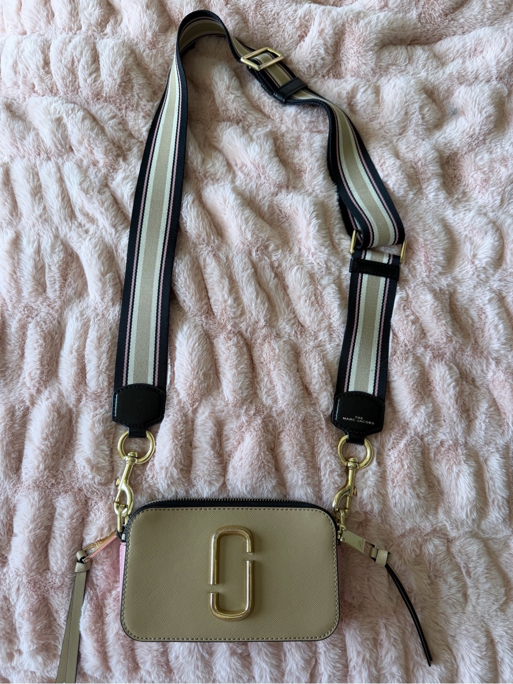 Marc Jacobs Beige Leather Camera Crossbody with Striped Webbing Strap